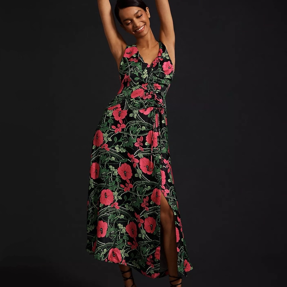 Anthropologie Maeve Foliage Ruched Midi Dress